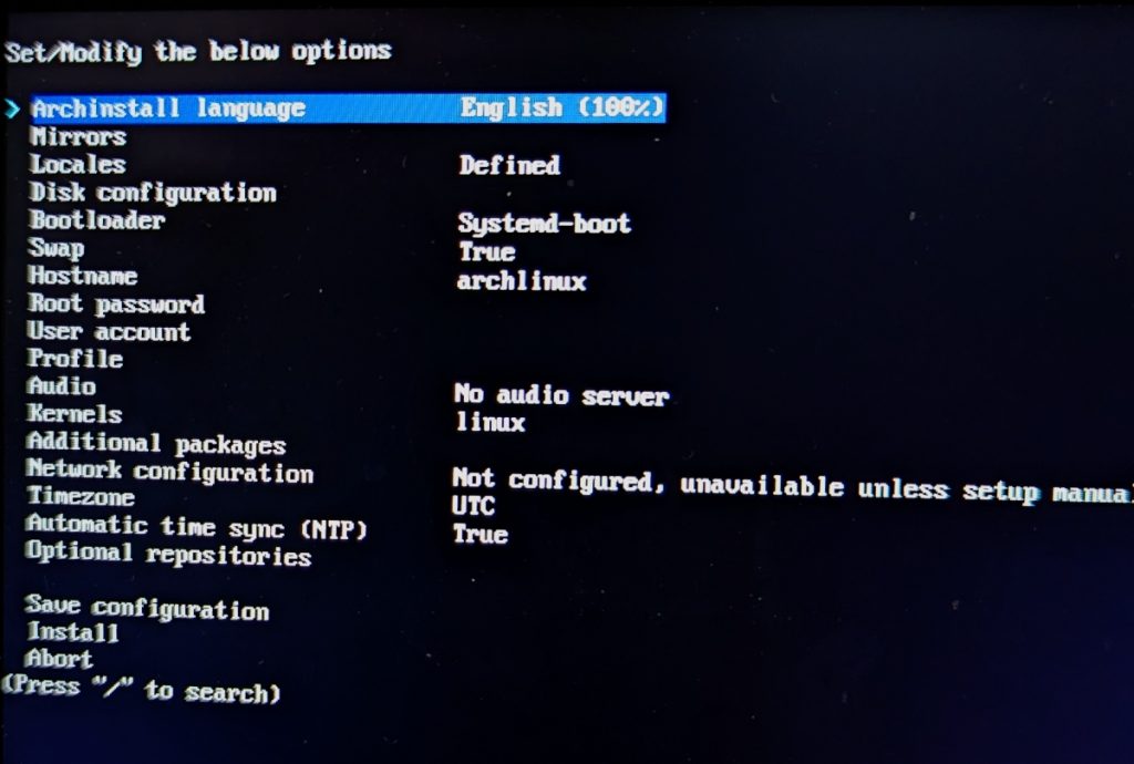 Photo of the interactive menu after running archinstall in the terminal