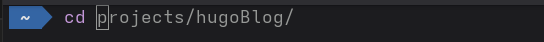 Screenshot of a terminal with a blue colored prompt and the command “cd” being typed in. A suggestion is shown in light gray saying “projects/hugoBlog/