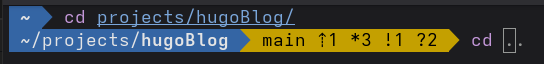 Screenshot of a terminal with a blue colored prompt. The current working directory is /home/projects/hugoBlog. A yellow colored part of the prompt holds git information. The command “cd” is typed in a suggestion in gray is shown reading “..”.