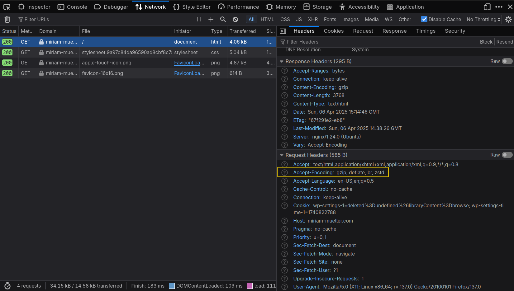 Screenshot of the network tab in the firefox devtools after loading the page “https://miriam-mueller.com”. The request header “Accept-Encoding” is surrounded with a yellow outlined box. The header value is “gzip, deflate, br, zstd”