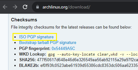 archlinux.org/download screenshot showing the Checksums download section