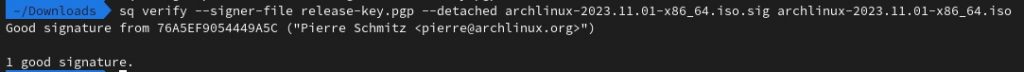 Screenshot of the console output after the ISO verification command was run. It printed: “1 good signature”