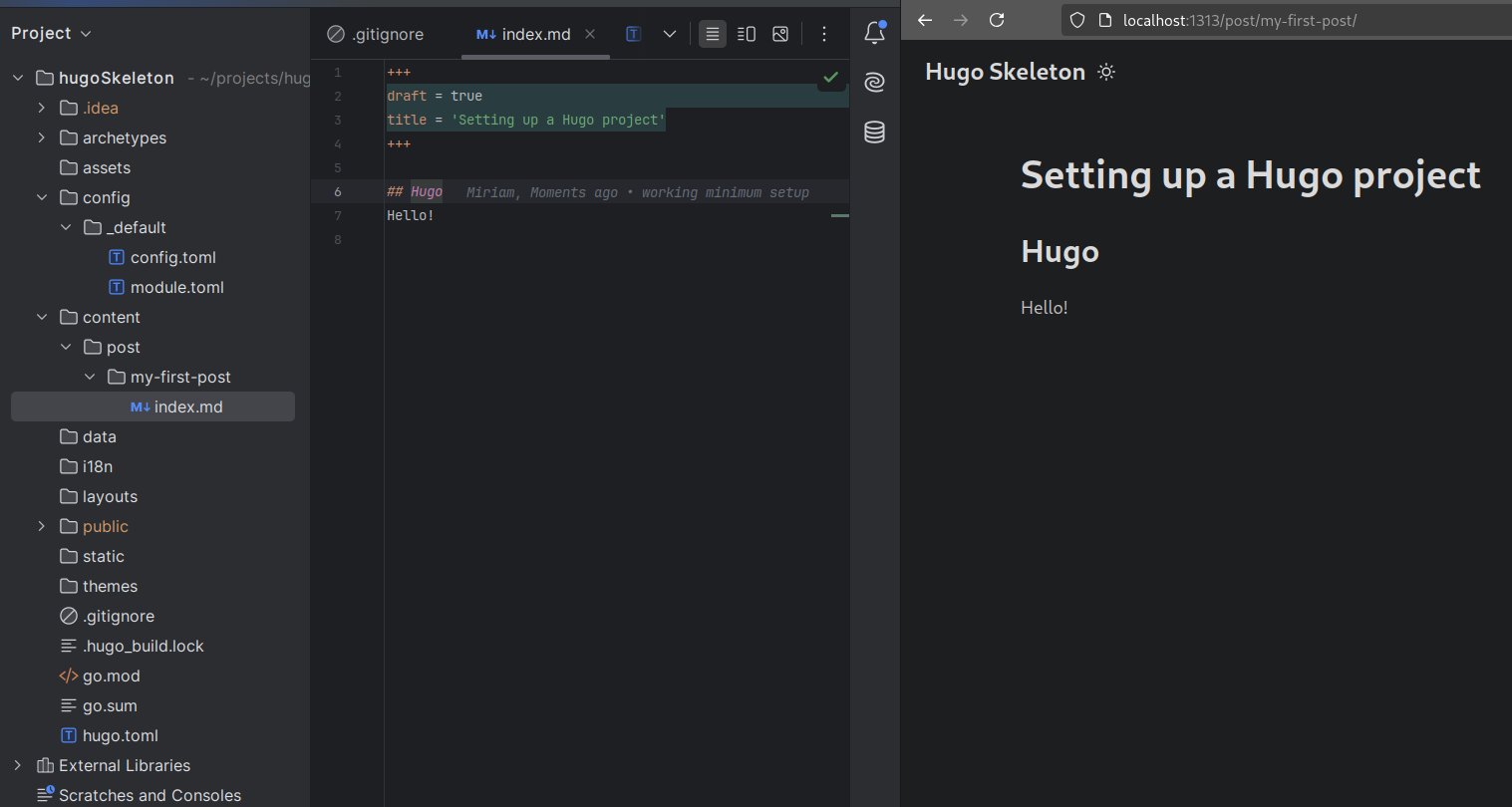 Screenshot of WebStorm with the directory structure of https://github.com/m1rm/hugo-skeleton and the Hugo site running on localhost:1313 next to it