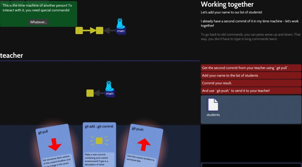 Ingame screenshot of ohmygit showing the playing cards on the left and instructions on the right